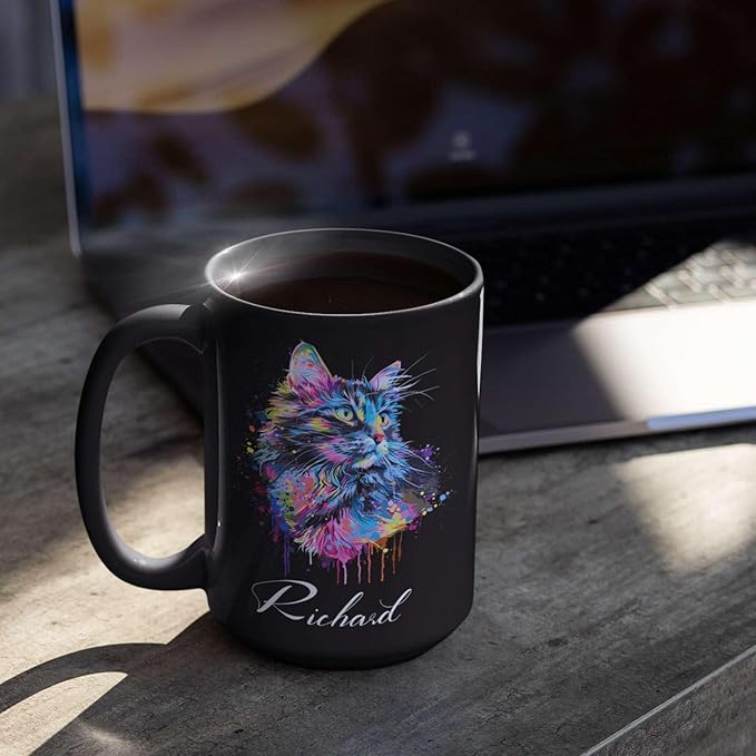 Customized Cat Ceramic Mug, Gift For Cat Pet Owner, Personalized Cat Lover Coffee Cup, Colorful Cat Design Mug For Birthday, Custom Name Cat Animal Black Cup, Unique Cat Mug 11oz 15oz