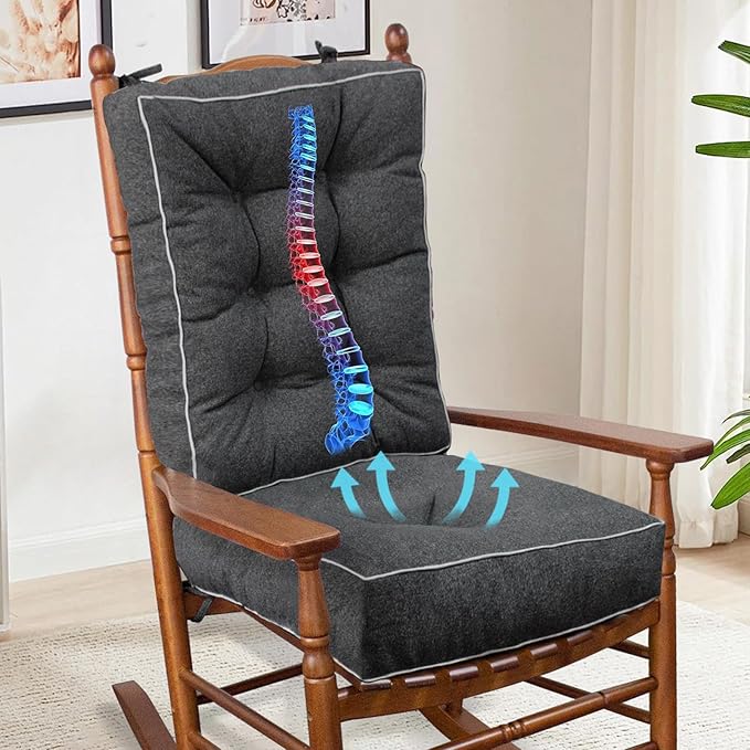 YZ HOME Rocking Chair Cushion, Set of Thicken Seat & Back Chair Cushions with Memory Foam, Non-Slip Chair Pad with Ties for for Indoor&Outdoor Rocker, Dark Grey, 22x17x5/17x17x5