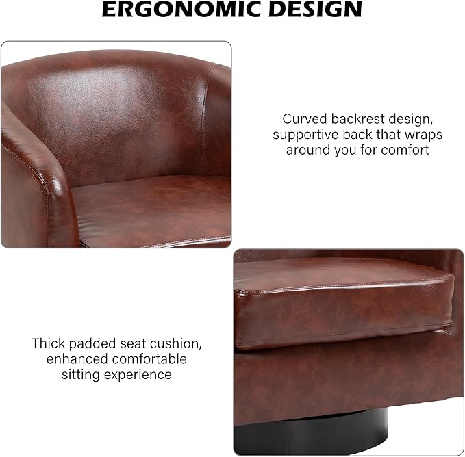 Swivel Barrel Accent Chair, Modern Round Faux Leather Arm Chair for Living Room, Bedroom, Comfy Club Reading Chairs for Adults(Faux Leather, Red Brown, Set of 1)