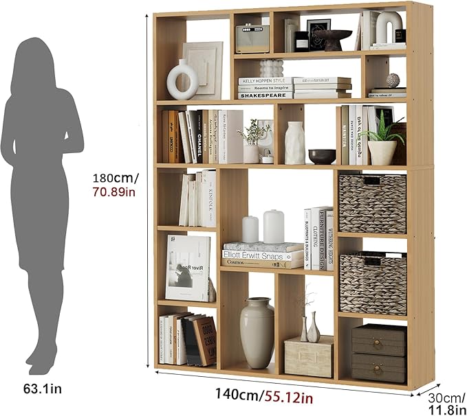 71" Tall 6-Tier Heavy Duty Bookcase with 2 Foldable Storage Baskets, 55" Wide Open Bookshelf with 16 Irregular Cubes for Living Room, Office (Yellow)