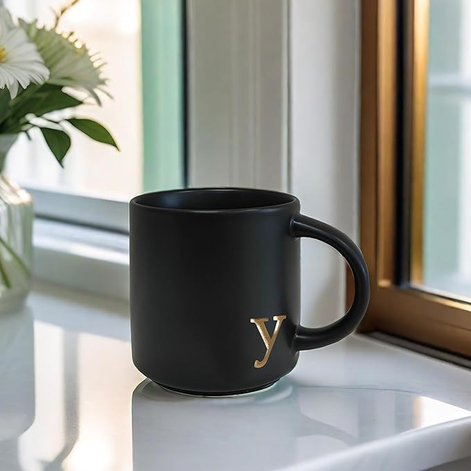 COLLECTIVE HOME - Black Monogram Ceramic Mugs, 15 oz Golden Initial Coffee Cups, Elegant Alphabet Tea Mugs, Personalized Halloween Mug with Gift Box, Perfect for Office and Home Décor (y)
