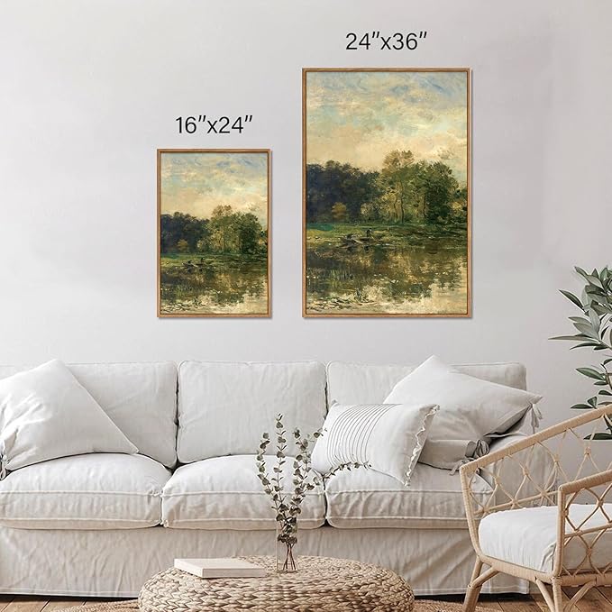 Tinonedraw Vintage Nature Framed Canvas Wall Art Set of 3, French Country Wall Decor, Olive Green Trees Art Paintings, Rustic Landscape Farmhouse Art Prints for Living Room Bedroom Office 24"x36"x3