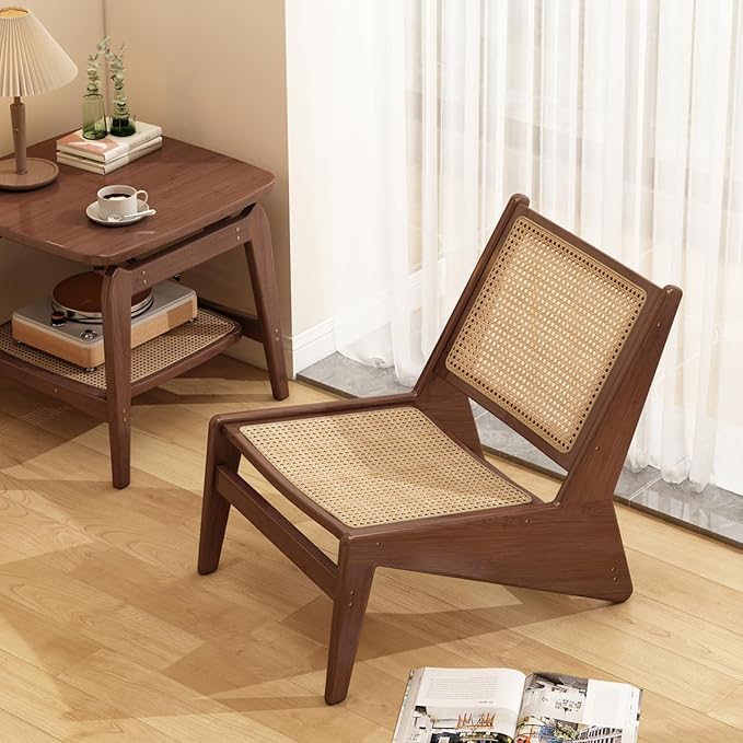 Rattan Chair 2Pcs, Mid-Century Accent Chair, Rattan Lounge Chair for Living Room, Boho Side Corner Comfy Chair for Bedroom and Balcony, Walnut