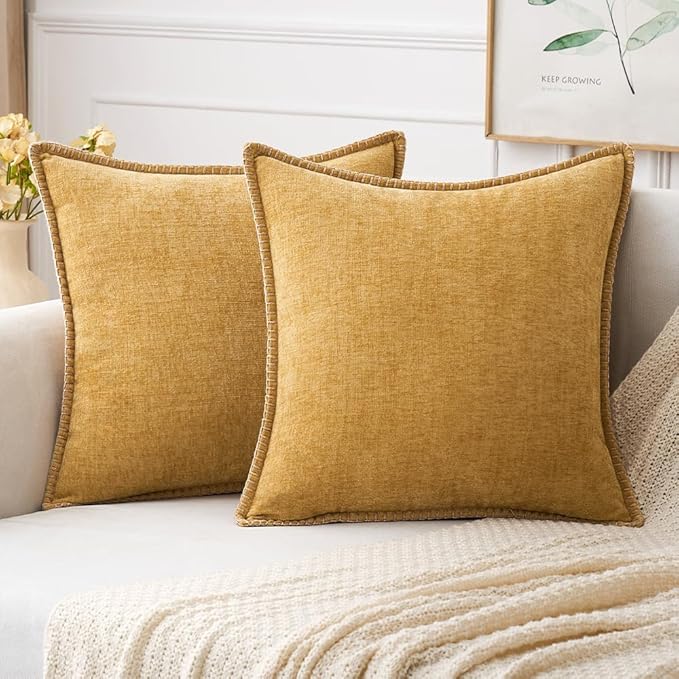 MIULEE Pack of 2 Couch Throw Pillow Covers 18x18 Inch Gold Farmhouse Decorative Pillow Covers with Stitched Edge Soft Chenille Solid Dyed Fall Pillow Covers for Sofa Bed Living Room