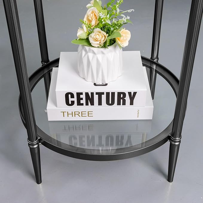 2 Tier Round Side Table, Black End Table with Glass Top, Modern Metal Clear Coffee Table,Small Accent Table for Living Room, Bedroom, 18" x 18" x 24"