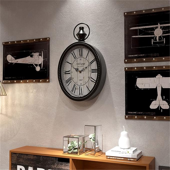 Menterry Small Retro Oval Wall Clock, Antique Old Design, Black Vintage Style, Battery Operated Silent Decor Wall Clocks for Kitchen,Bedroom,Farmhouse,Bathroom (11.2" H x 6.7" W)