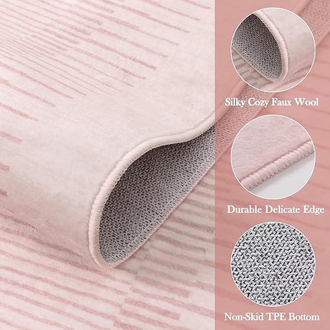 Wonnitar Washable Striped Living Room Area Rug 5x7, Non-Slip Berber Stripe Pink Area Rugs for Bedroom Girls, Low Pile Soft Large Throw Carpet for Kids Nursery Room (Pink,5' x 7')
