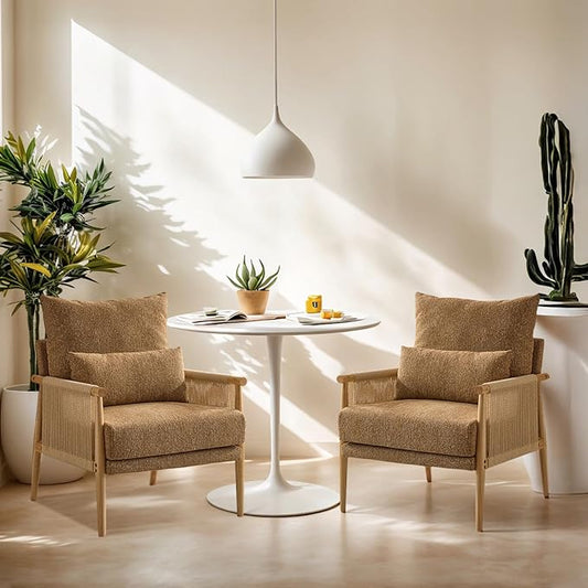 VINGLI Boho Braid Accent Armchairs Set of 2,Mid-Century Modern Chiars with Solid Wooden Armrest,Comfy Louge Cushion Chairs with Waist Pillow for Bedroom,Living Room,Reading Room, Khaki