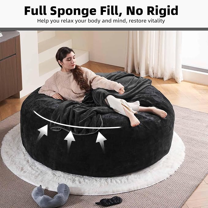 6FT,Oversized Bean Bag Chairs for Adults,Giant beanbag with Filler Included,Fluffy Memory Foam,Soft and Comfy Corduroy Fabric,Gaming Chairs Suitable for Living Room and Bedroom (Black, 6 Foot)