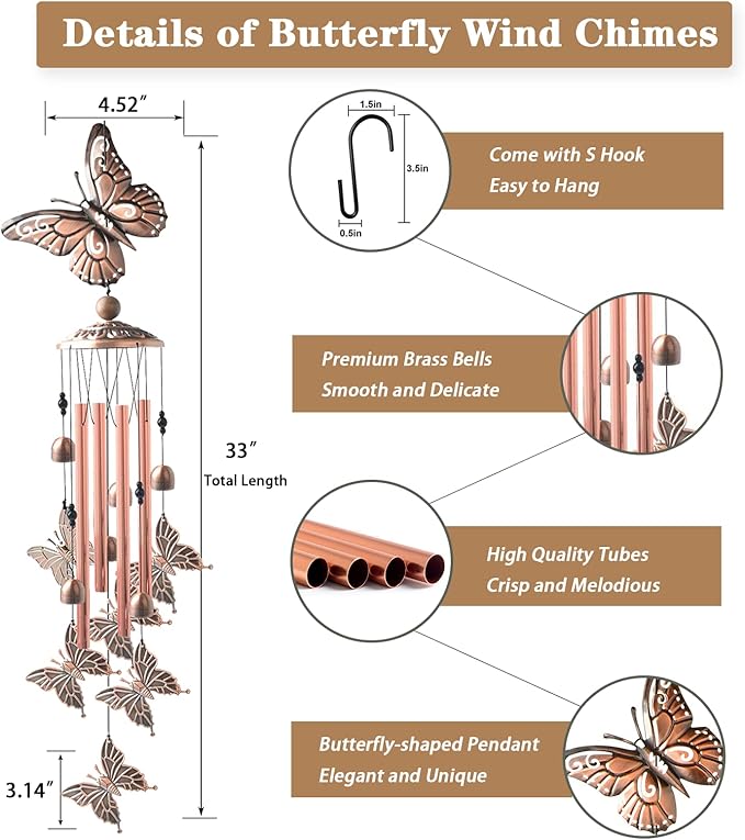 Wind Chimes for Outside, 33" Butterfly Wind Chimes Outdoor, Birthday Gifts for Women Mom Sister, Gift for Garden Porch Patio Home Decor (Golden)