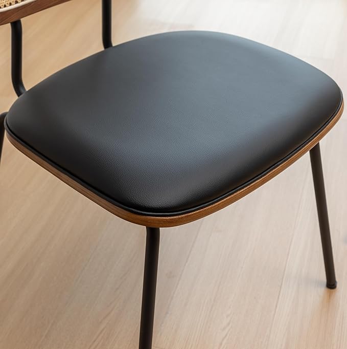 Rattan Dining Chairs Set of 4, Mid Century Modern Dining Chairs with Cane Back for Kitchen Dining Room, 19 Inch Faux Leather Black