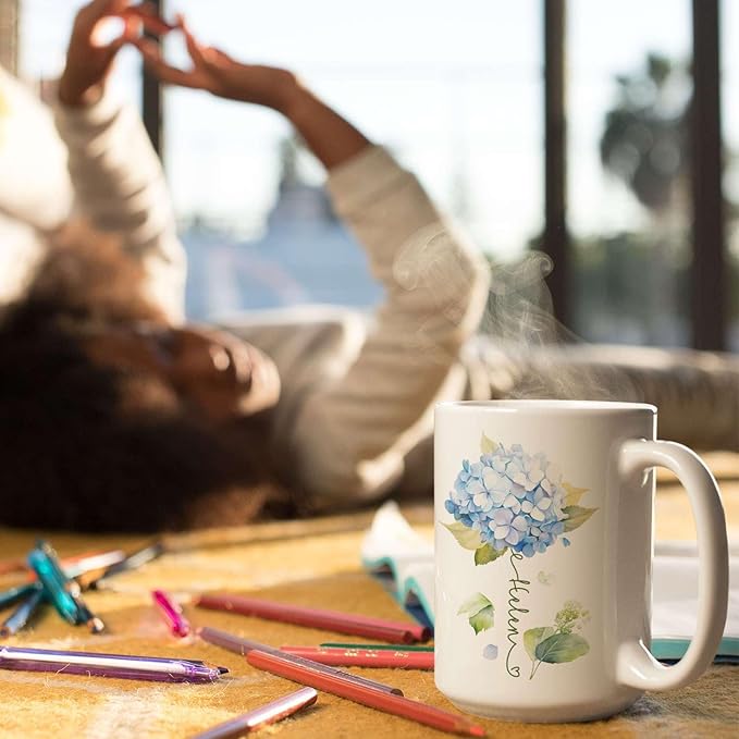 Custom Hydrangea Blossom Design Mug, Personalized Name Blue Flower Coffee Cup, Customized Flower Ceramic Mug For Floral Lover, Hydrangea Decorative Cup 11oz Or 15oz, Gift For Birthday