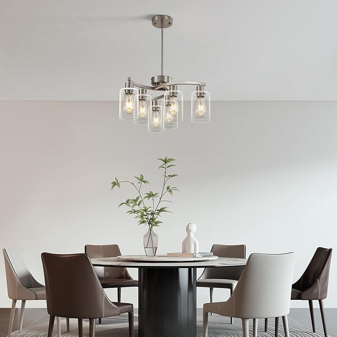 6 Light Modern Brushed Nickel Pendant Light Fixture For Dining Room,Contemporary Kitchen Light Fixtures Brushed Nickel,Adjustable Height Farmhouse Dining Chandeliers Over Table,With Glass Shade