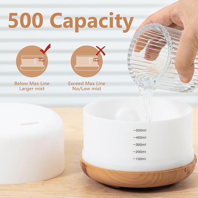 Oil Diffuser, 500ml Essential Oil Diffusers with 2 Mist Mode 4 Timers&7 Ambient Light Waterless Auto Off, Diffusers Large Room Home Office