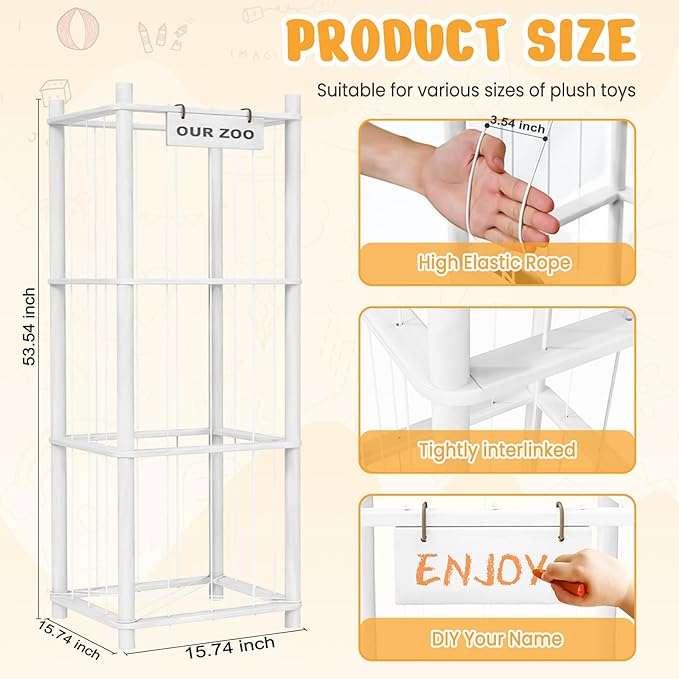 Stuffed Animal Storage & Organizer, Wooden Cute Zoo Toy Holder for Toddler Rooms, Playrooms & Bedrooms(White)