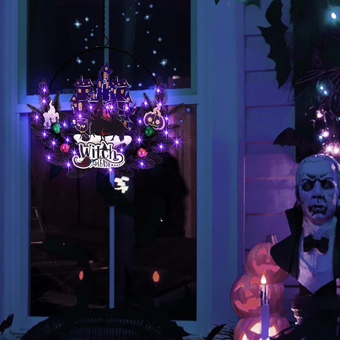 Lighted Halloween Wreaths for Front Door, Welcome Metal Wooden Door Wreath Decor Hanging Sign, 30 LED Lighted Wall Decor Battery Operated for Halloween Indoor Outdoor (Witch)