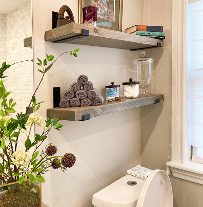 Rustic Shelves with J-Brackets Set of 2, Industrial Shelf, Kitchen Shelves, Solid Wood, Decorative Wall Storage, Heavy Duty, URBANDI (Grey, 12Wx10D)