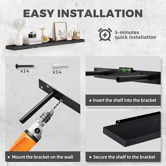 36"x6.8"x1.2" Solid Wood Floating Shelves 2-Pack - Rustic Black Finish with Hidden Brackets, Perfect for Storage and Décor in Living Room, Kitchen, Bedroom