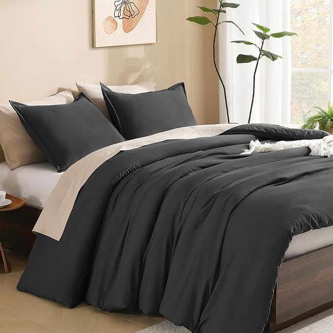 Litanika Dark Grey Oversized King Comforters Super King Plus Size, 3 Pieces Lightweight Solid Bedding Comforter Set, All Season Fluffy Bed Set (128x120In Comforter & 2 Pillowcases)