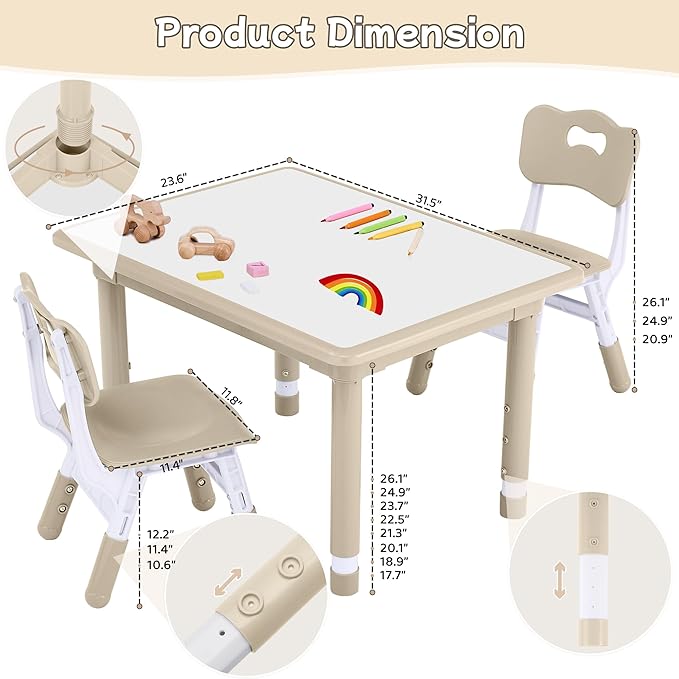 Toddler Table and Chair Set, Height Adjustable-Upgrade Kids Table and 2 Chairs for Ages 3-8, Multi-Activity Toddler Play Table with Graffiti Desktop for Home/Daycare/Classroom