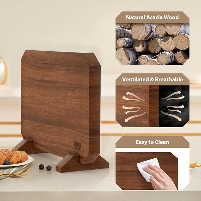 Magnetic Knife Block, Thickened Acacia Wood Kitchen Knife Holder Stand with Strong Magnets, Multifunctional Double Side Knife Storage Organizer for Kitchen Counter