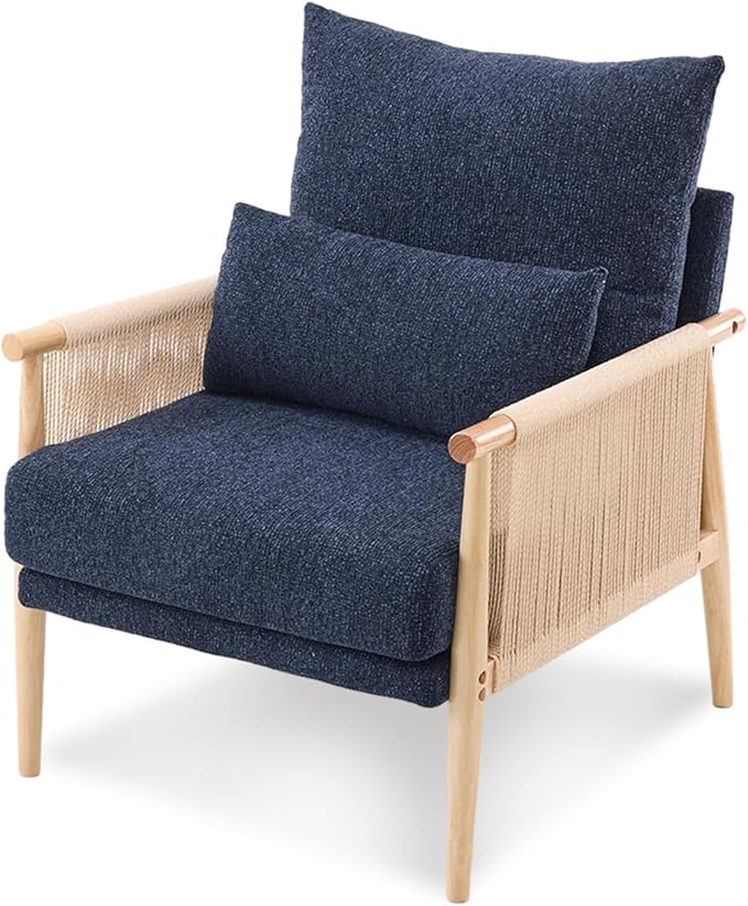 VINGLI Boho Braid Accent Armchair,Mid-Century Modern Chiar with Solid Wooden Armrest,Comfy Louge Cushion Chair with Waist Pillow for Bedroom,Living Room,Reading Room, Blue