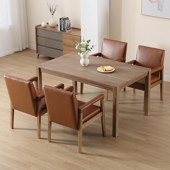 Kmax Modern Dining Chairs Set of 2 Faux Leather Kitchen Arm Chairs Upholstered Accent Chairs with Wooden Legs for Dining Room, Living Room, Bedroom, Brown