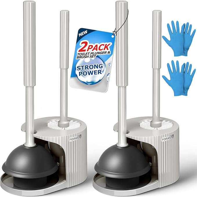 2Pack 2 in 1 Toilet Brush and Plunger Set, Extended Handle Plunger,Toilet Bowl Brush Plunger Set,Bathroom Cleaning Tools ,Toilet Brush Plunger Combo,Cleaning Supplies(Cream Grey)