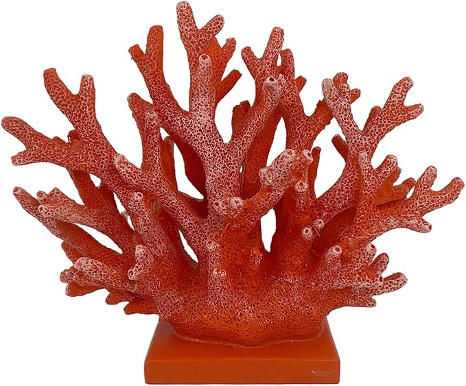 5.8" H Red Orange Coral Decor - Resin Coral Statue, Nautical Decor for Home, Bedroom, Bathroom, Living Room, Ocean Themed Cabinet Shelf Tabletop Decoration