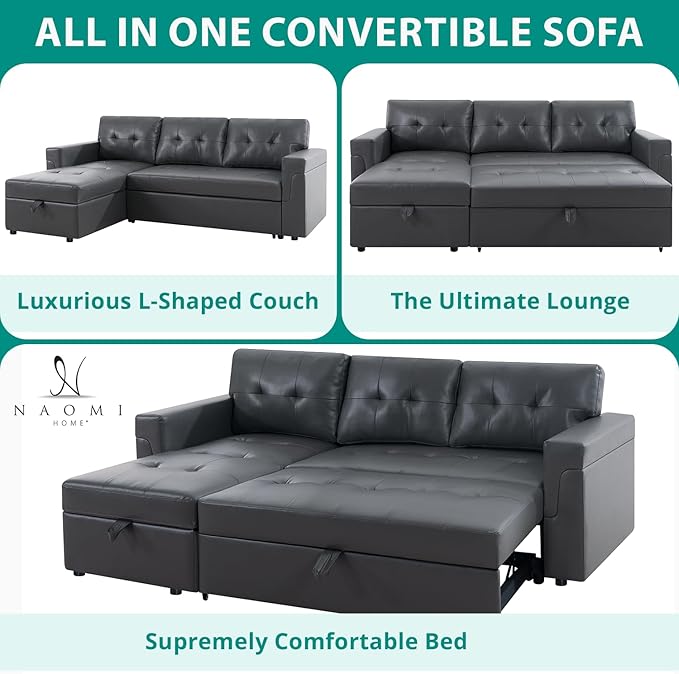 Naomi Home Transform Any Space: Sleeper Sectional Sofa with Convertible Sofa Bed & Inviting Chaise. Find Tranquil Comfort with Stress-Relieving Design & Durable Cushions - Dark Gray/Air Leather