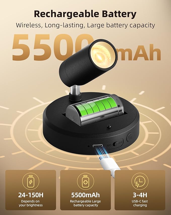 EZVALO Spotlights Indoor with Remote,5500mAh Rechargeable Picture Lights, Wireless LED Uplighting with Timer&Dimmable, 3CCT,Mini Plant Spot Lights for Painting,Artwork,Accent Lighting(4Pack-Black)