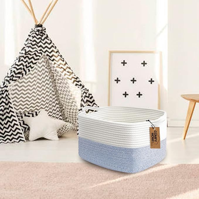 COMFY-HOMI Cotton Rope Woven Basket with Handles for shelf,Toy, Book, Cloth Storage Basket for Organizing-13.5"X11"X9.5" Storage Bin for Living Room, Newborn or Infant Gift for boy girl (White/blue)