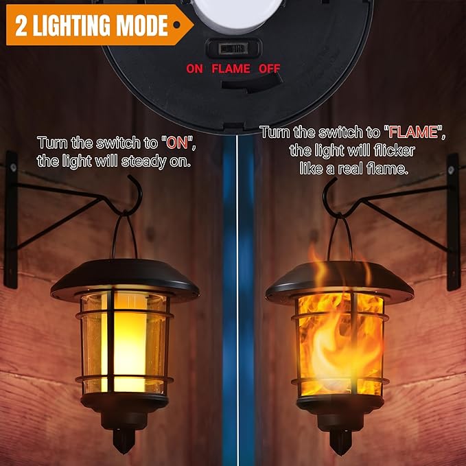 Dynaming Solar Flame Wall Lanterns, Outdoor Solar Wall Hanging Lights, Flickering Flame LED Lights Auto On/Off Wall Mounted Sconce Lights with Hooks, Waterproof for Garage Stair Patio Porch, 2 Pack