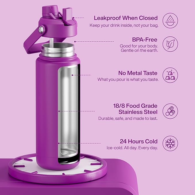 Insulated Water Bottle with Straw Stainless Steel Water Bottle, Leak-Proof, BPA-Free, Double Wall Vacuum Keeps Cold for 24 Hours for Sports, Travel, School (32 oz, Bright Magenta)