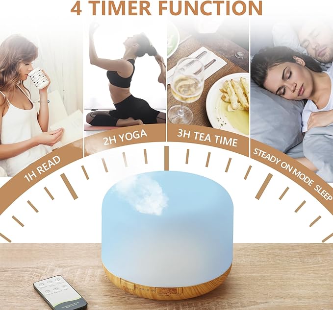 Oil Diffuser, 500ml Essential Oil Diffusers with 2 Mist Mode 4 Timers&7 Ambient Light Waterless Auto Off, Diffusers Large Room Home Office