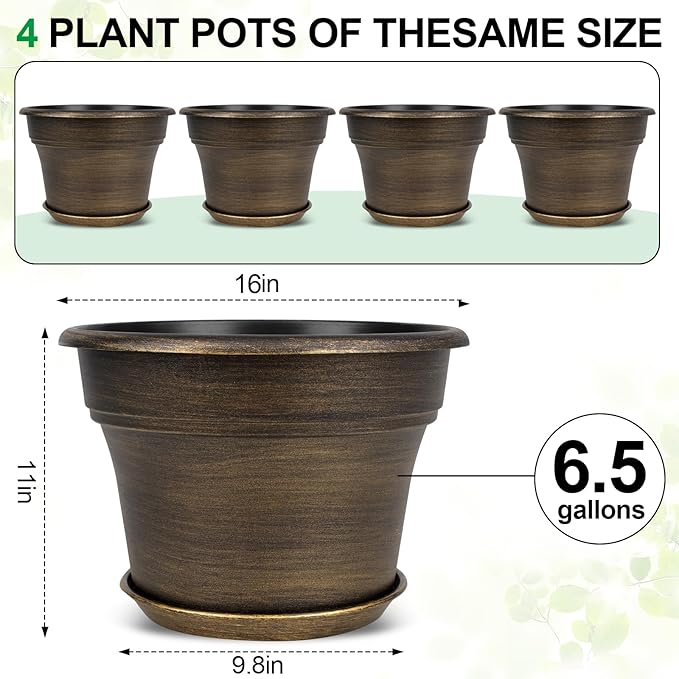 16 inch Plant Pots Outdoor Planters,4 Pack Large Plastic Flower Pot for Indoor Plants with Drainage Holes & Saucer, Resin Decorative Container Sets with Trays for House Outdoor Garden Plant Dark Gold