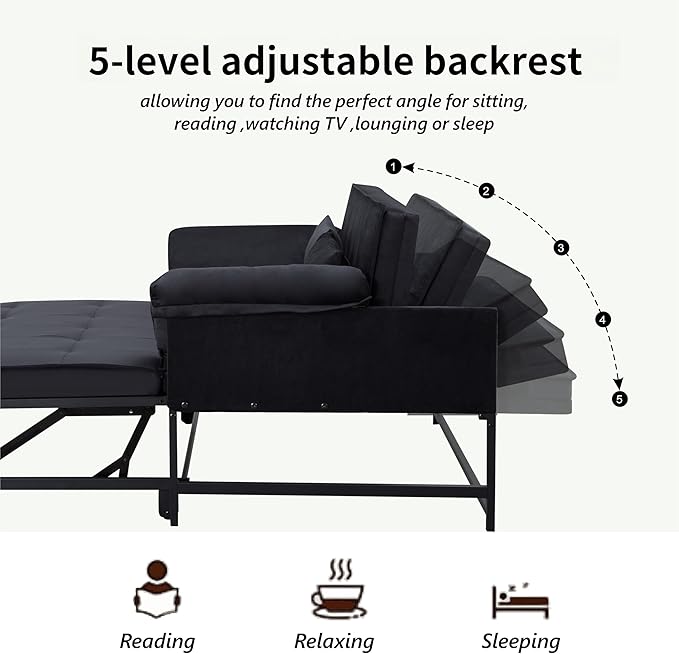 Pull Out Sofa Bed, 46” Futon Couch with Convertible Sleeper, Velvet Pull Out Couch with Adjustable Backrest, Small Sofa Bed with 2 Pillows for Living Room Office Guest Room, Black