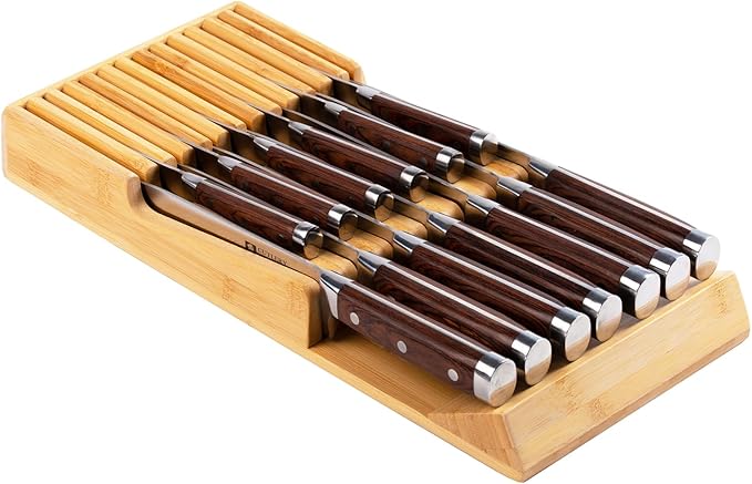 Bamboo Kitchen Drawer Knife Block, In drawer Knife Holder, Knife Drawer Organizer fit for 13 knives