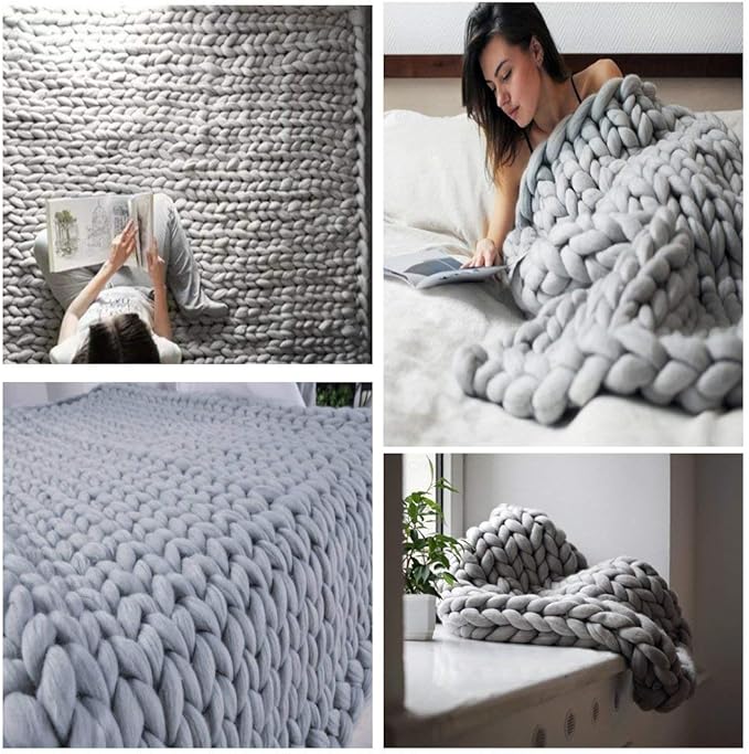 Chunky Knit Blanket Soft Handmade Knitting Throw for Bedroom Sofa Decor Super(Light Gray 60"x60")