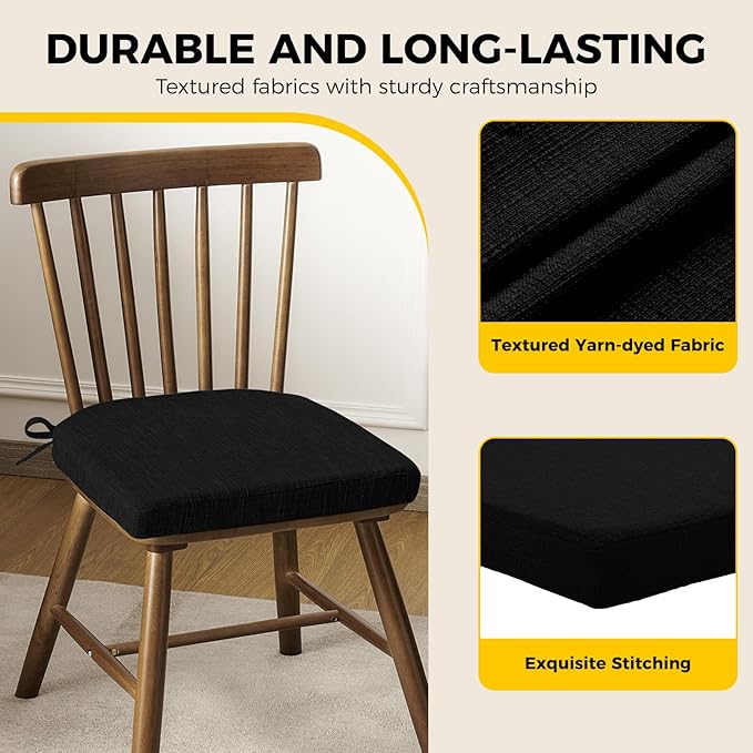 downluxe Indoor Chair Cushions for Dining Chairs, Soft and Comfortable Textured Foam Kitchen Chair Pads with Ties and Non-Slip Backing, 16" x 16" x 2", Black, 6 Pack