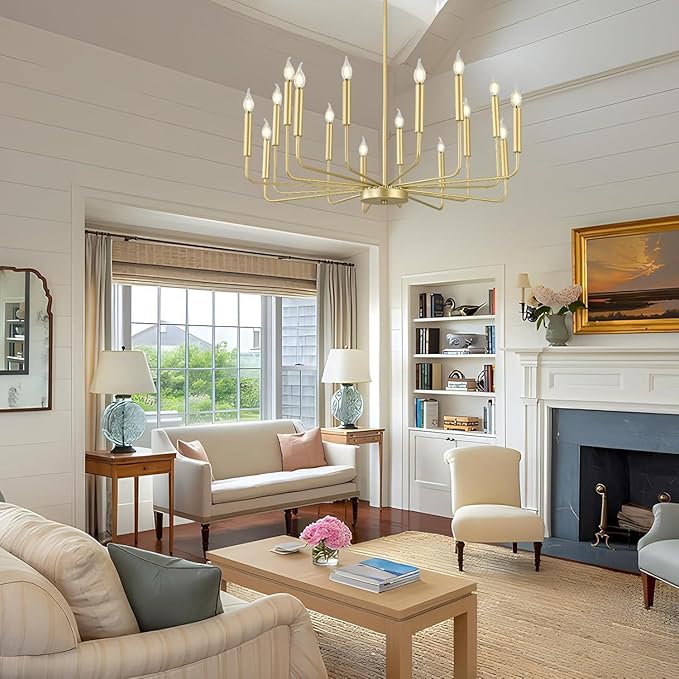 Modern Gold Farmhouse Chandeliers, 16-Light Industrial Metal Chandelier Lighting, Classic Candle Hanging Pendant Light Fixtures for Kitchen Island, Living Room, Dining Room, Stair