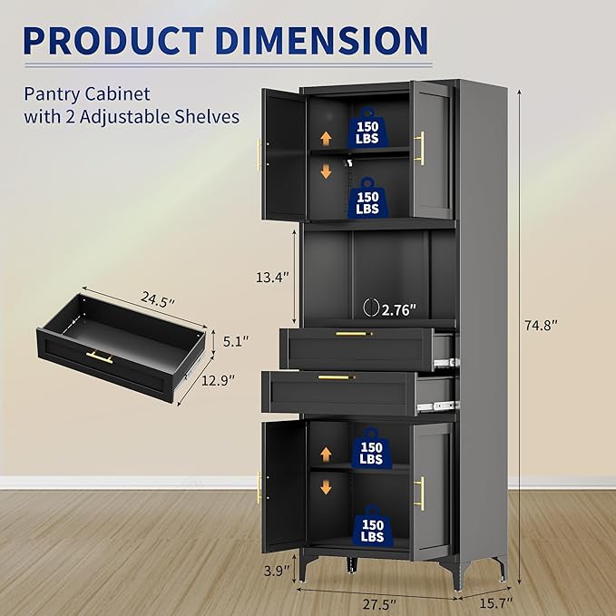 75” Tall Kitchen Pantry Storage Cabinet, Metal Storage Cabinet with 2 Drawers and Adjustable Shelves, Kitchen Pantry Cupboard, Freestanding Cupboard for Bathroom, Living Room(Black)