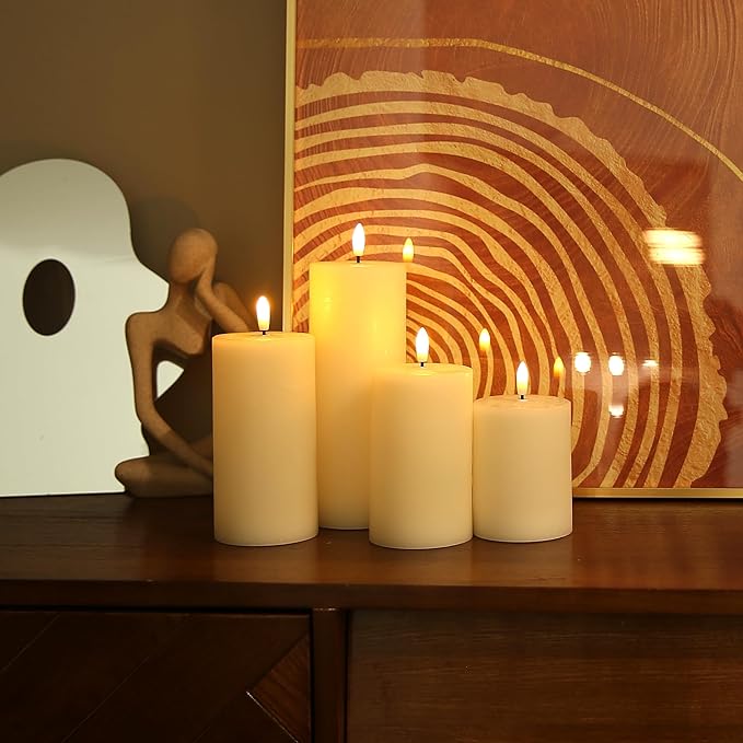 LUSHABOR Flameless Candles, 4 Pack Battery Operated Candles with Remote, Real Wax LED Fake Candles with Timer Flickering for Christmas Wedding Home Party D3 H 5" 6" 7" 9" Ivory
