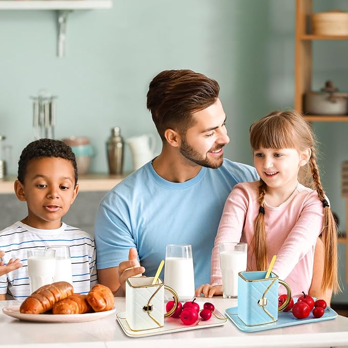 Zubebe 2 Sets Coffee Mug Elegant Handbag Shaped Cup Modern Ceramic Purse Mug with Spoon and Saucer, 10oz Cute Creative Tea Cup for Office Home Woman Girls Gift (White,Blue)