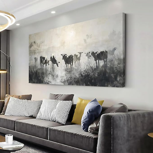 LASMOND Black and White Cow Wall Art for Living Room Ink Wash Canvas Painting Prints Morning Cattle Vintage Country Farmhouse Artwork Bedroom Office Decor (40x20 Inches)