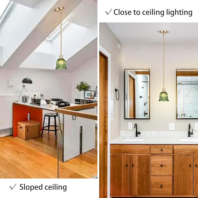 Modern Gold Pendant Light Brushed Brass Mid Century Chandelier Green Glass Shades Adjustable Rods Farmhouse Ceiling Hanging Lighting Fixture Kitchen Island Dining Room Bedroom