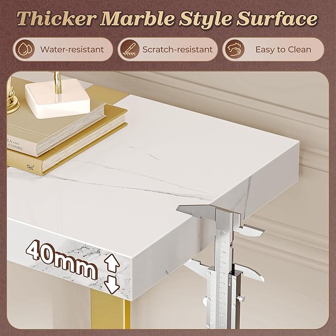 Huuger 47.2 Inch Entryway Table with Marble Top, 2-Tier Modern Console Sofa Table with Storage, Accent Table, for Entry, Hallway, Entrance, Foyer, T-Shaped Metal Frame, White Marble & Gold