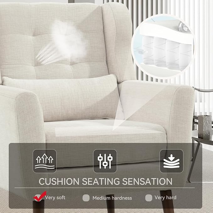 Modern Accent Chair, Upholstered Armchair with Pillow, Fabric Single Sofa Chair with Lounge Seat and Wood Legs Accent Chair for Living Room Bedroom Small Spaces (Beige, Set of 1)