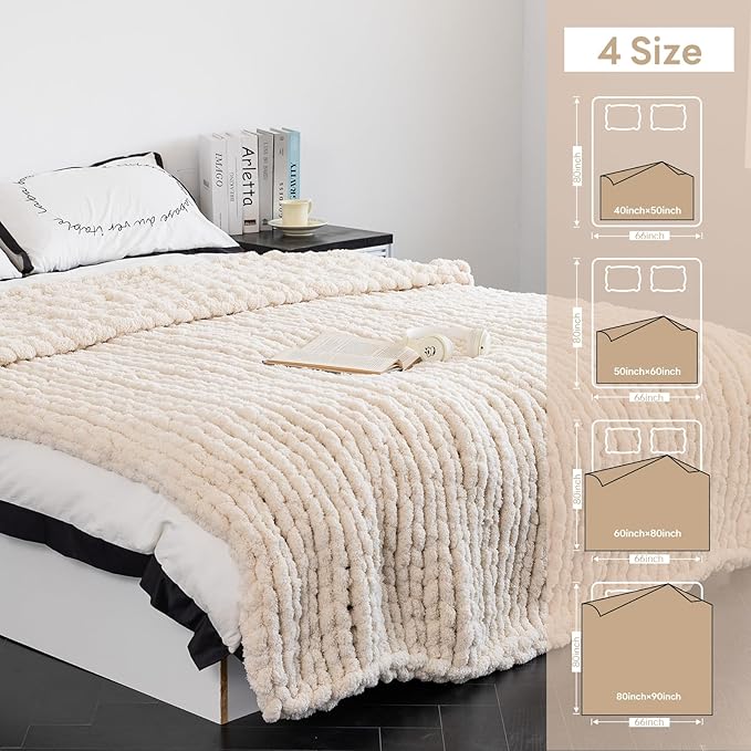 Chunky Knit Blanket - Luxury Soft Cozy 61 * 79 Bold Throw Blanket,100% Woven Blanket Rope Knot Throw Blanket for Couch, Sofa, Home Decor, Gift - Machine Washable(Cream)