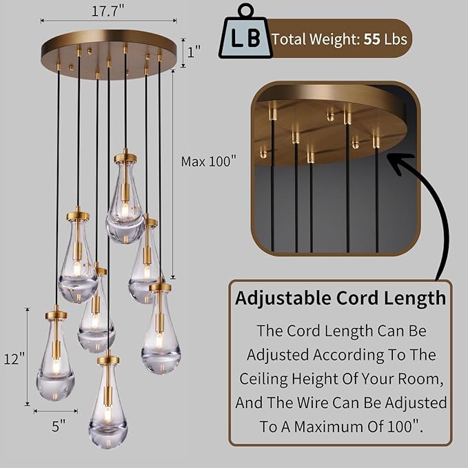 7 Light Raindrop Chandeliers, Brass Teardrop Cluster Pendant Lights Kitchen Island, Gold Dining Room Chandeliers Over Table Hanging Pendant Lighting for High Ceiling, Entryway Staircase